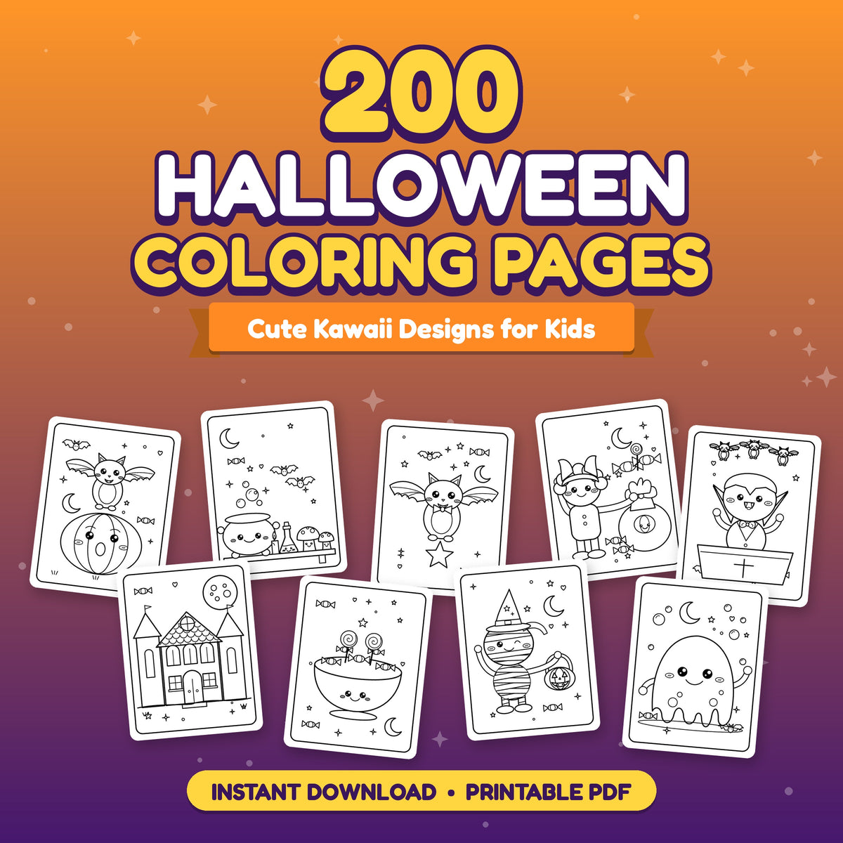 200 Halloween coloring pages for kids, cute kawaii designs, printable PDF