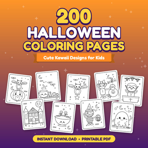 200 Halloween coloring pages for kids, cute kawaii designs, printable PDF