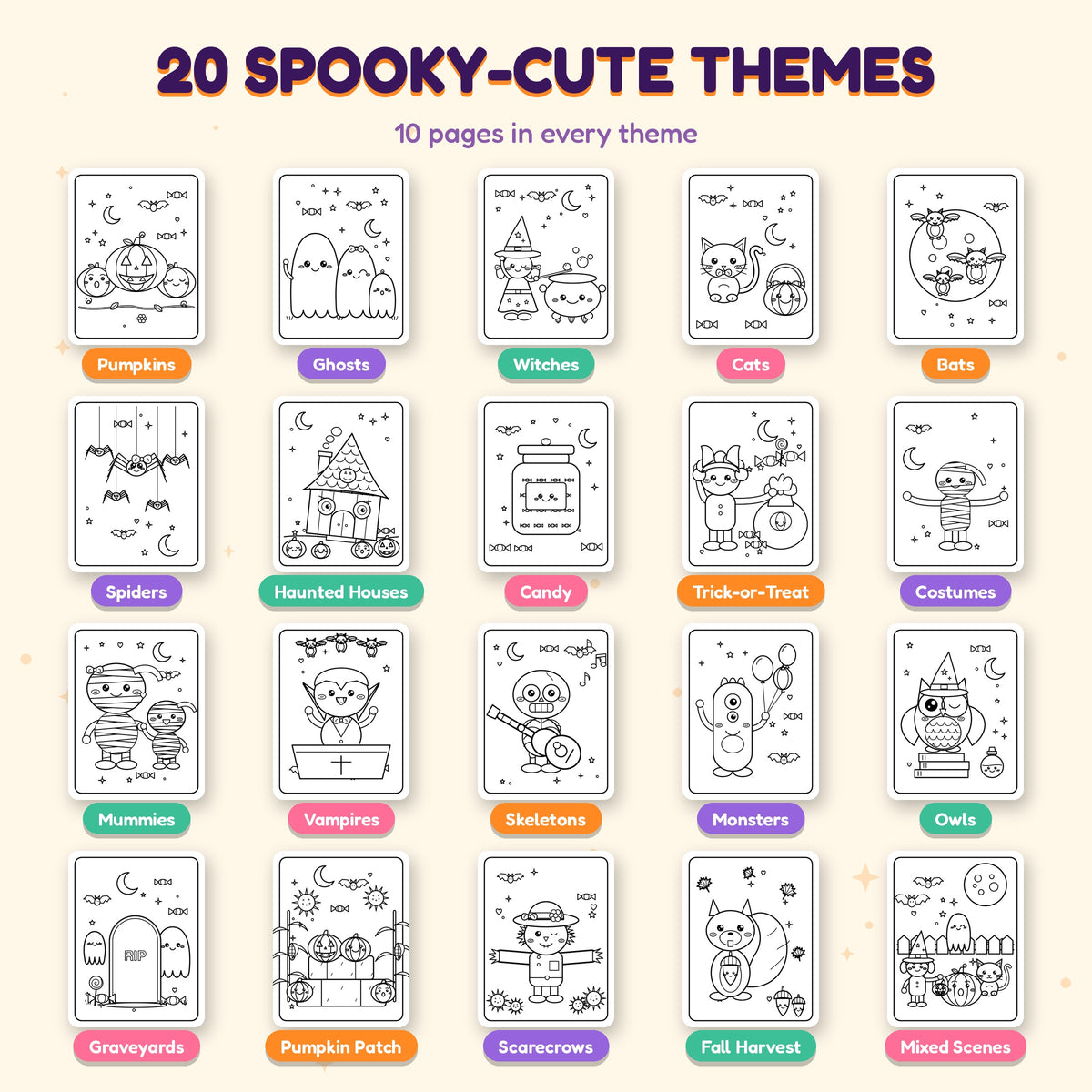 20 spooky-cute Halloween coloring themes with 10 pages each