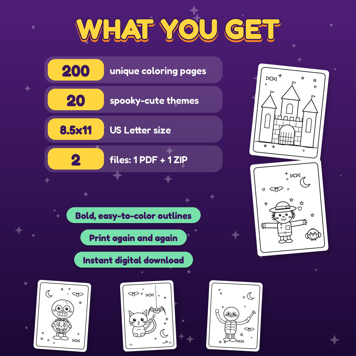 What you get: 200 coloring pages, 20 themes, US Letter size, PDF and ZIP