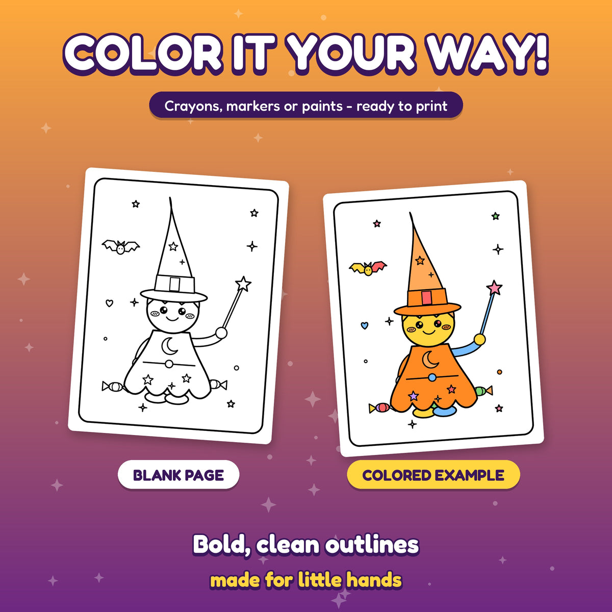 Blank Halloween witch coloring page and colored example