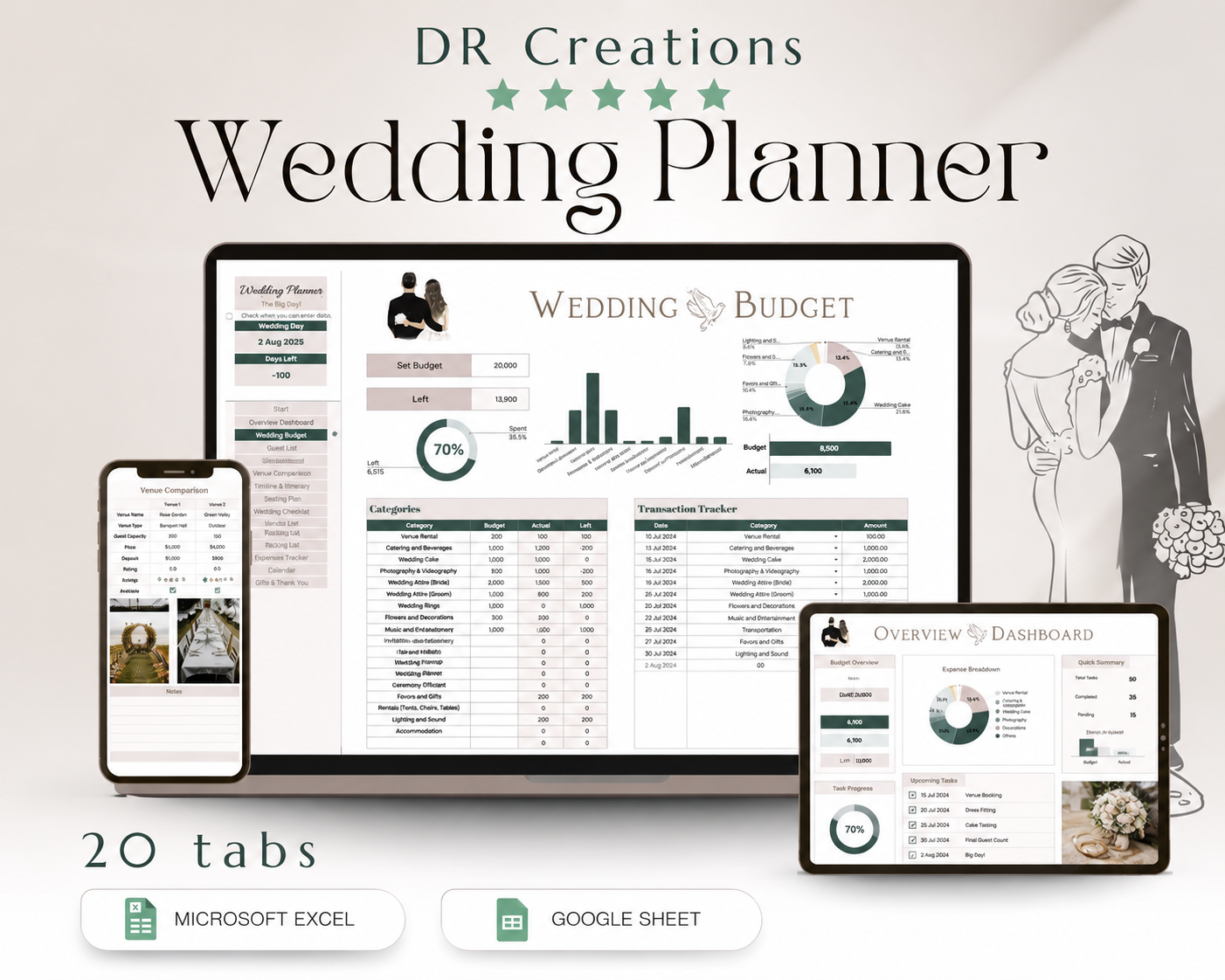 Wedding Planner Digital Download | Wedding Budget Tracker, Guest List, Timeline, Checklist, Seating Chart