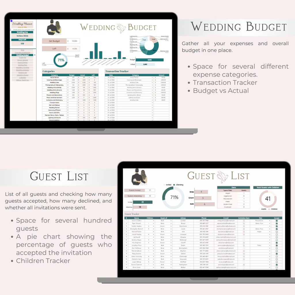 Wedding Planner Digital Download | Wedding Budget Tracker, Guest List, Timeline, Checklist, Seating Chart
