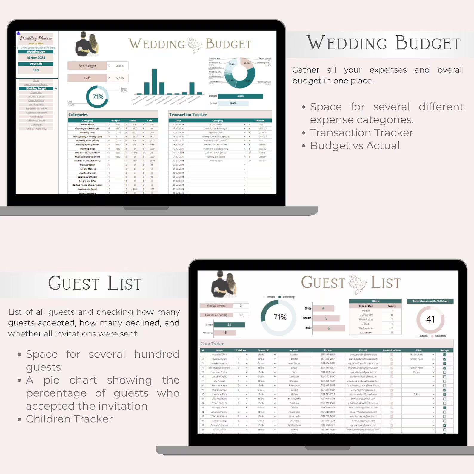 Wedding Planner Digital Download | Wedding Budget Tracker, Guest List, Timeline, Checklist, Seating Chart