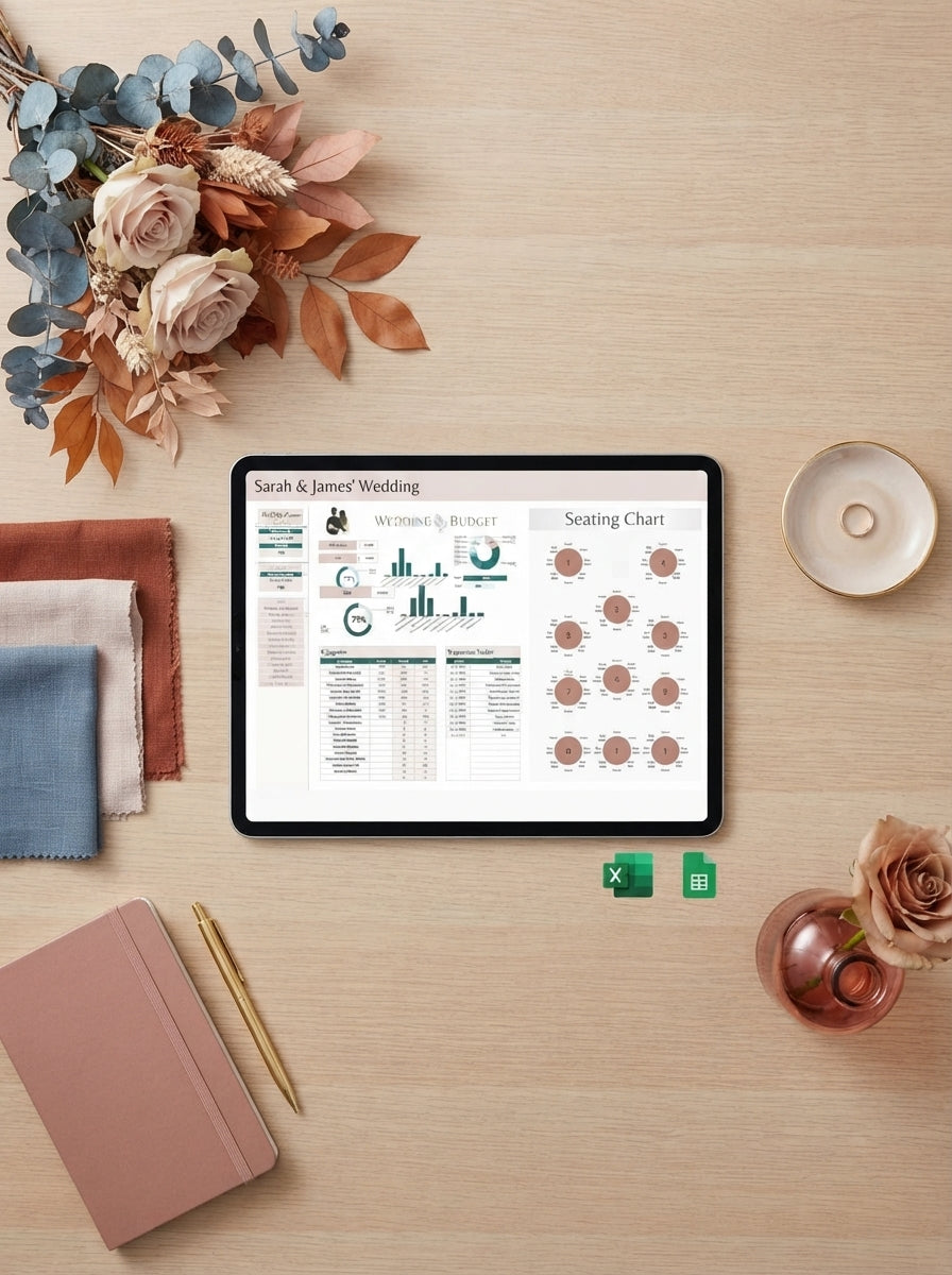 Tablet displaying a digital wedding planner with budget and seating chart screens on a desk with elegant, modern decor.