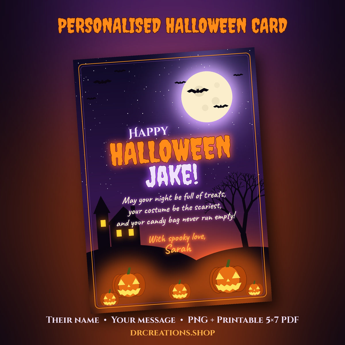 Personalised Halloween greeting card with name and message
