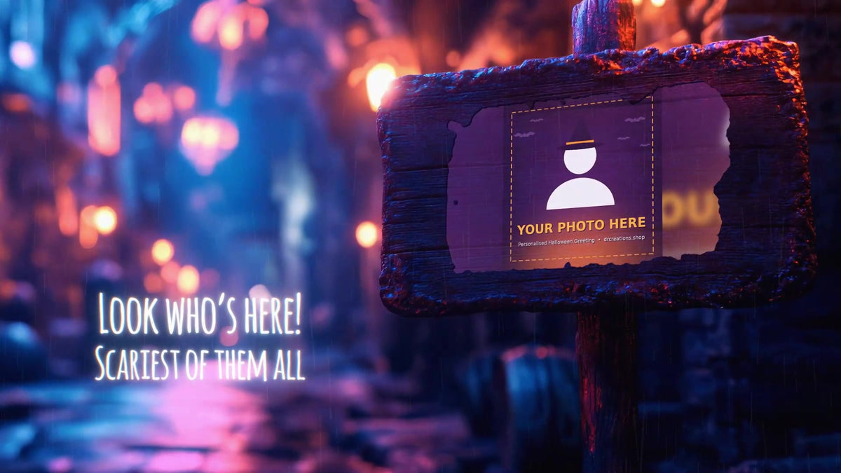 Halloween video scene: the recipient's photo on a spooky sign